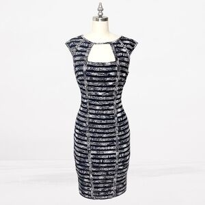 Cache Slimming Sheath Dress Black & White Striped Party Cocktail Formal XS 2